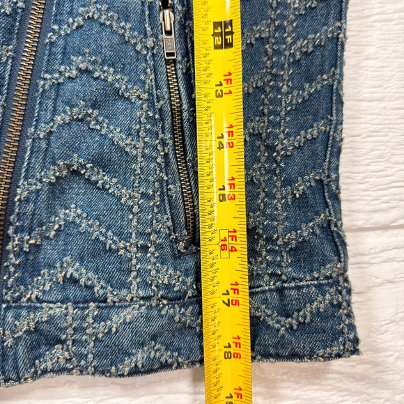 Free People Chevron Blue Denim Moto Jacket Cropped Asymmetrical Zip Women 4 - Picture 11 of 13